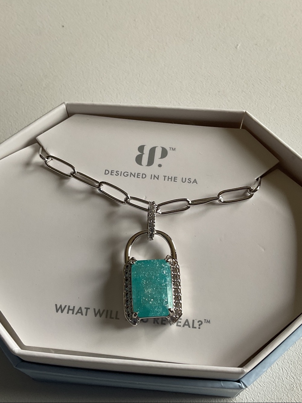 bp Silver Chain Necklace with Aqua Blue Crystal Padlock Pendant